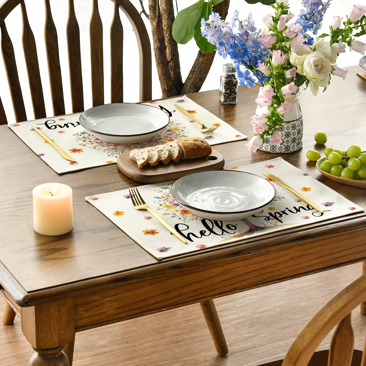 Artoid Mode Floral Tree Leaves Hello Spring Placemats Set of 4, 12x18 Inch Seasonal Summer Holiday Table Mats for Party Kitchen Dining Decoration