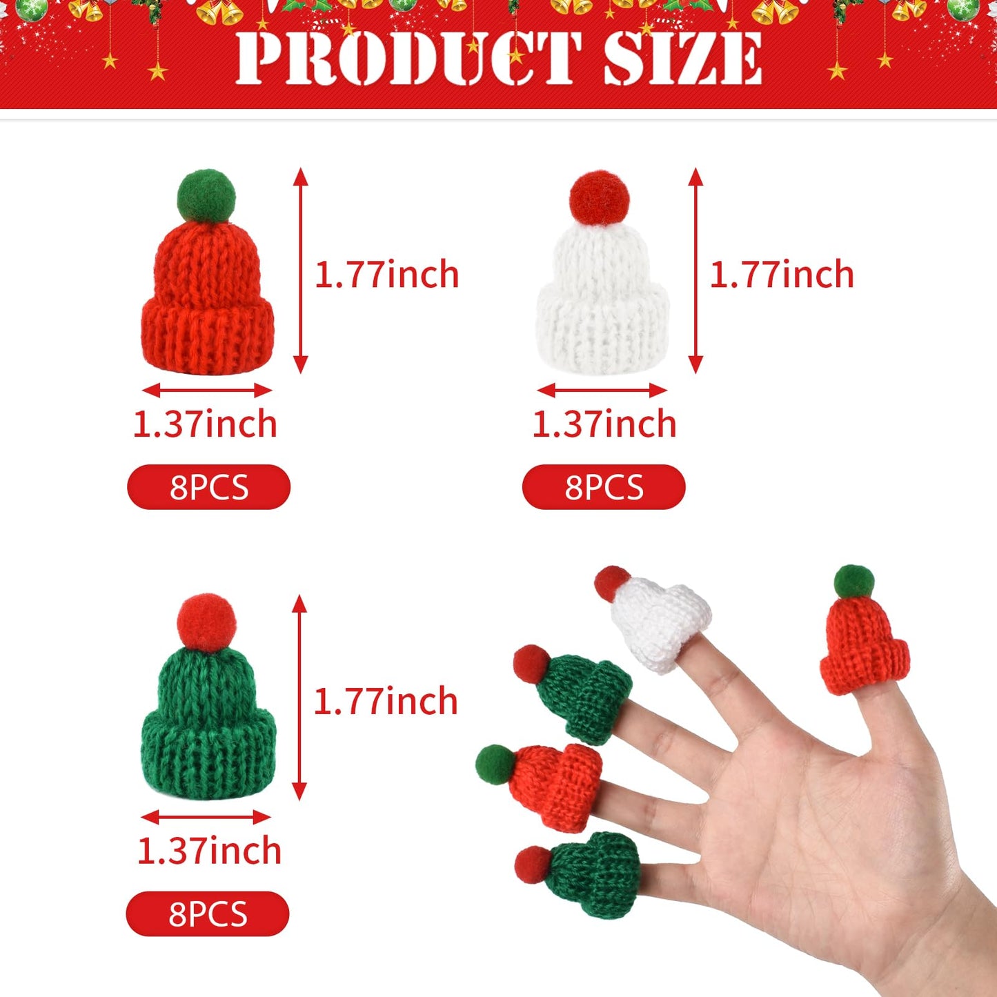 Luckforest Mini Knitting Hats, 24 Pcs Christmas Mini Knitting Doll Hats Mini Wool Hats for Christmas Party Tree Ornaments DIY Art and Craft, 3 Colors