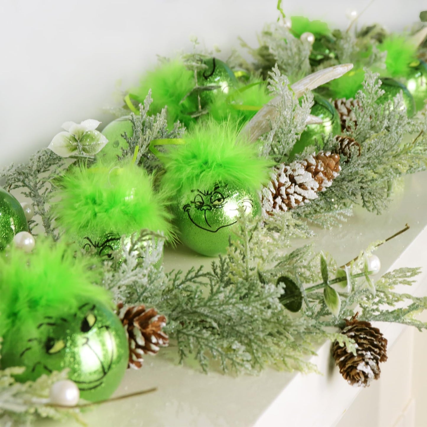 Bunny Chorus Christmas Decorations Indoor: 12pcs Cute Green Elf Christmas Tree Ornaments with Fuzzy Hair, Hanging Thief Monster Xmas Balls for Tree Fireplaces Garland, Kids Home School Office Decor