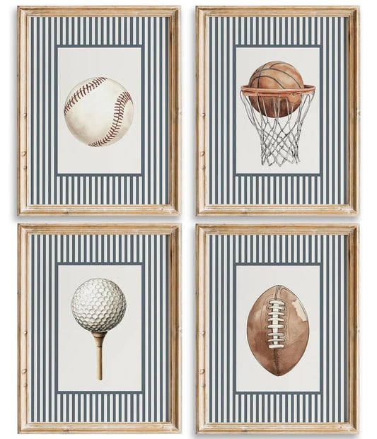 Nursery Sports Wall Art Toddler Boys Room Canvas Wall Decor Vintage Sports Prints Baseball Football Picture Golf Basketball Poster Painting Artwork for Kids Playroom Bedroom 8x10 In Unframed Set of 4