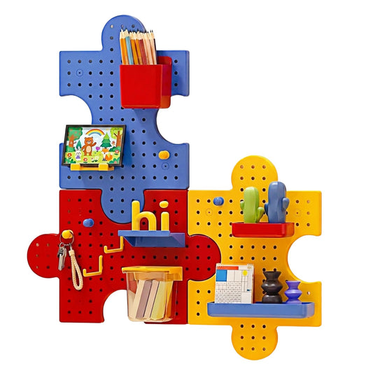 Haumei Pegboard Wall Organizer, Puzzle Modular Plastic Storage System with Hooks Shelves Boxes, Colorful Red Yellow Blue, 33.1 x 9.4 Inches, Wall Decor for Entryway Home Office Kids Room Craft Area