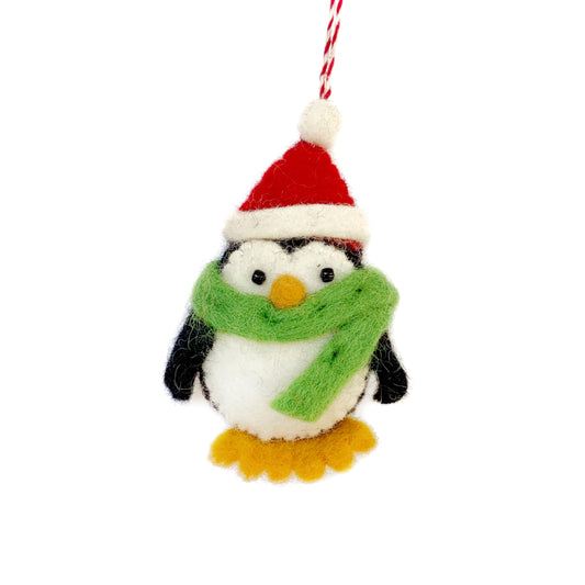 Penguin with Red Hat Christmas Ornament Handmade Felt Wool
