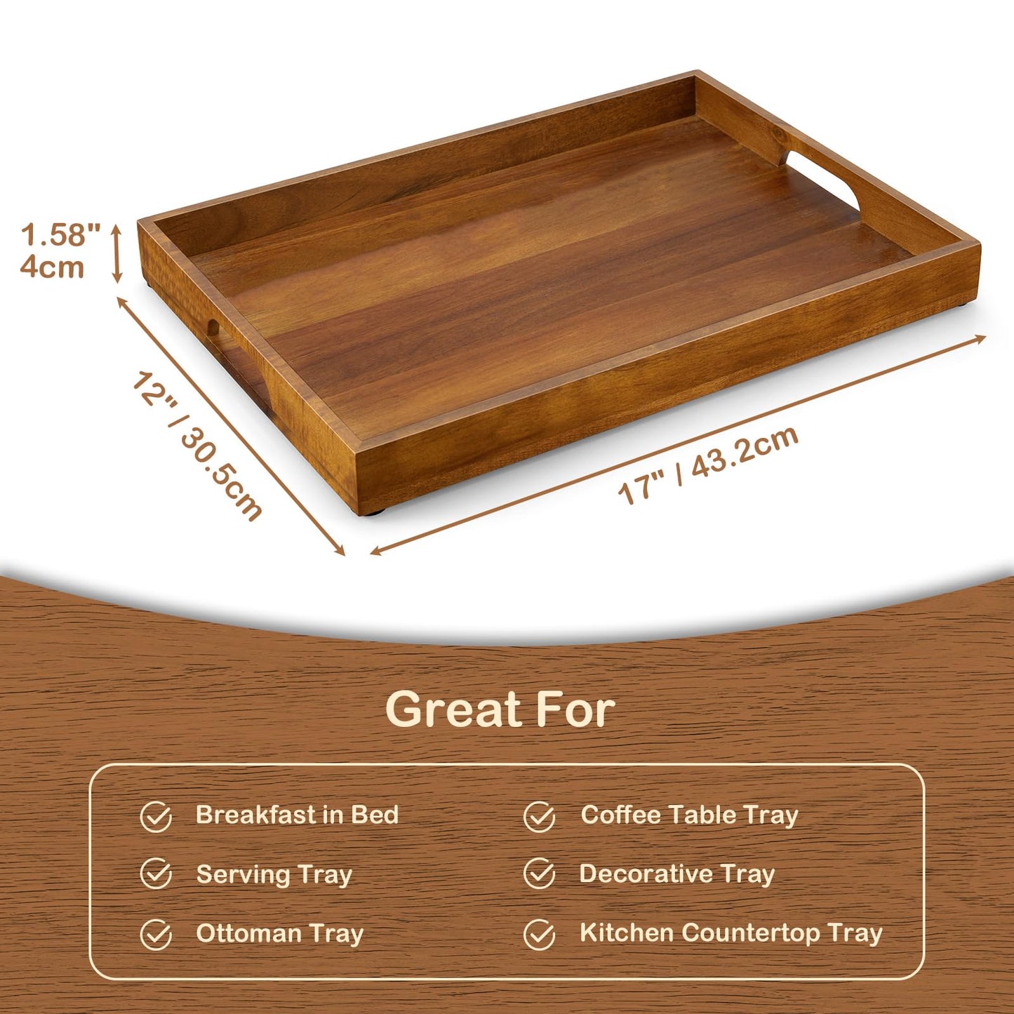 GCWSTJK 17 Inch Acacia Wood Serving Tray with Handles, Large Wooden Tray for Ottoman, Breakfast in Bed, Coffee Table, Dinner, Perfect for Living Room Bedroom Entryway and Kitchen