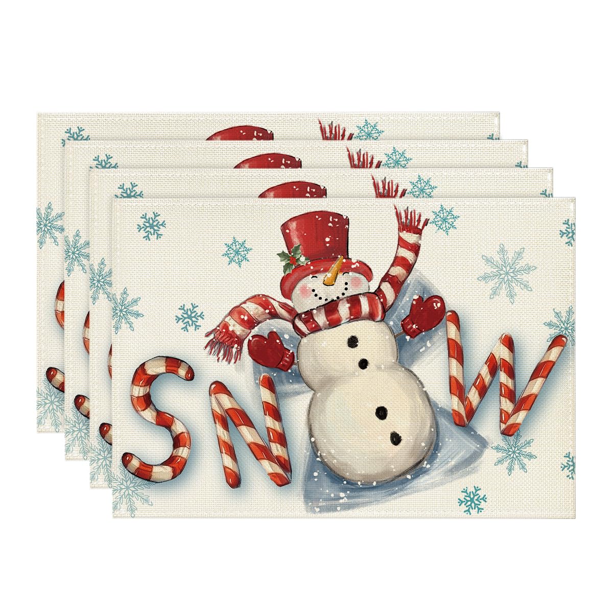 Artoid Mode Red Snow Snowman Winter Placemats Set of 4, 12x18 Inch Seasonal Holiday Christmas Place Mats for Party Dining Table
