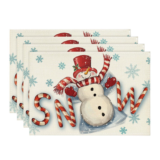 Artoid Mode Red Snow Snowman Winter Placemats Set of 4, 12x18 Inch Seasonal Holiday Christmas Place Mats for Party Dining Table