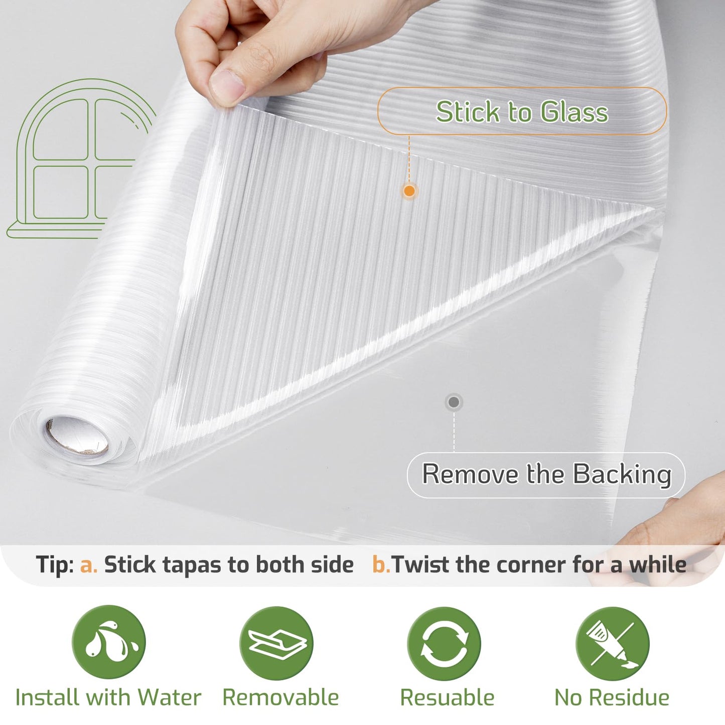 LUTE Reeded Glass Window Privacy Film, Frosted Glass Film, Removable 3D Decorative Decals Sun Blocking Anti UV Door Window Cover, No Glue Static Cling Vinyl for Bathroom Home Office, 17.5" x 78.7"