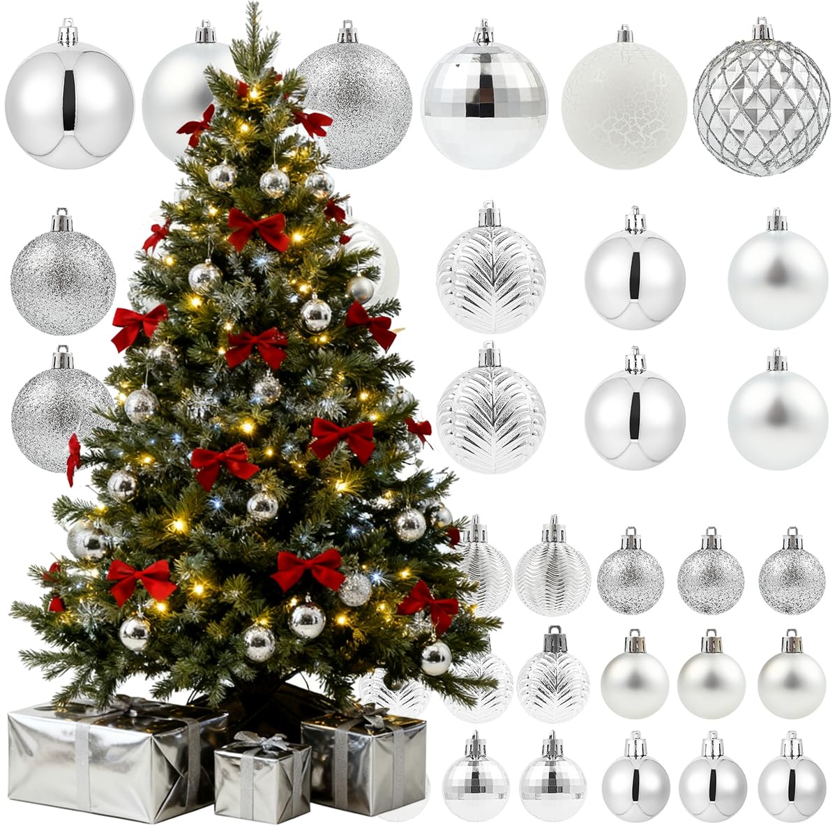 LANGXUN 36pcs Silver Christmas Tree Decorations Balls, Bolas De Navidad, 2025 Christmas Decor, Indoor Outdoor Shatterproof Christmas Ornaments, Xmars Party Wedding Suppiles