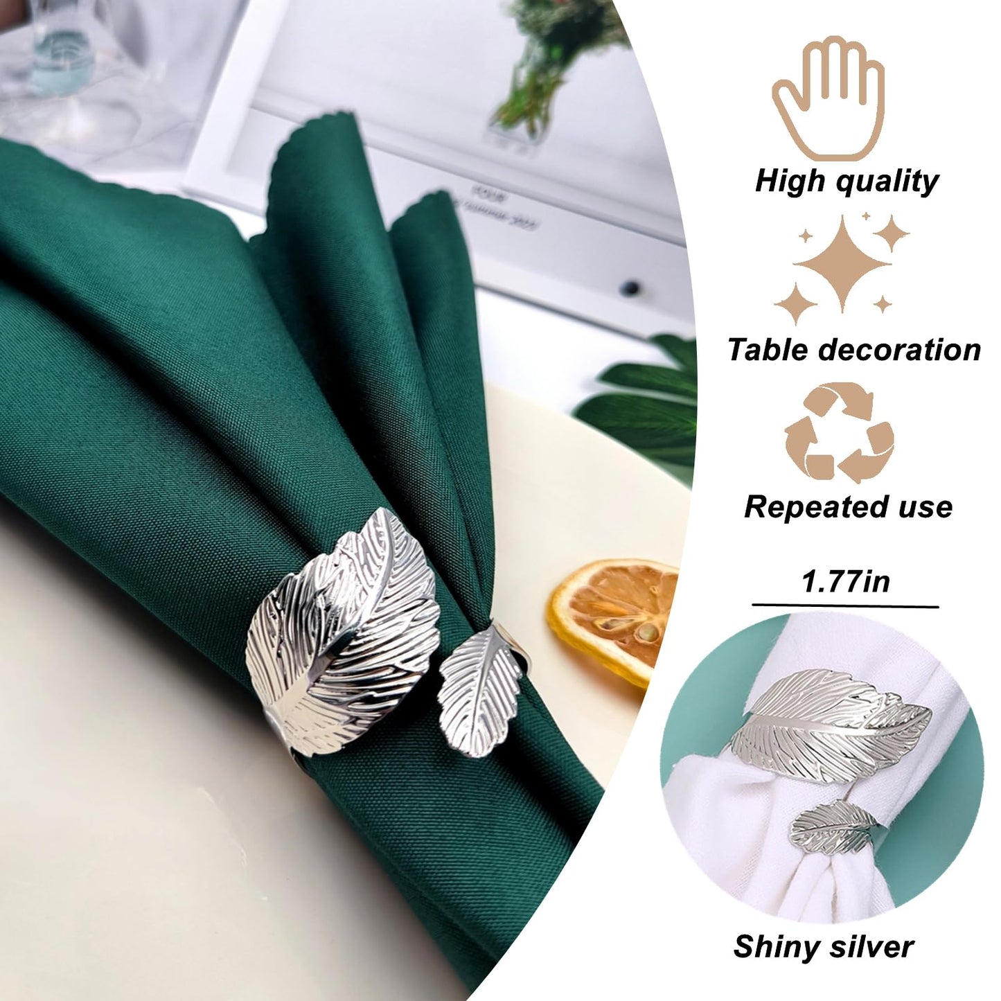Silver Napkin Rings Set of 12,Shiny Metal Leaf Napkin Ring Silver Napkin Holder for Table Setting Decor,Stylish Rings Fit Holiday Dinner Thanksgiving Christmas Party Decoration Mgrlfbl(Leaves 12)