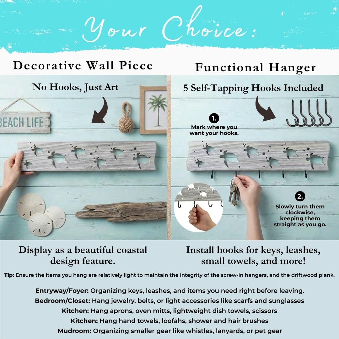 Driftwood Wall Art & DIY Key Holder – Handmade Coastal Home Decor – 17.5" Genuine Weathered Wood Plank with 5 Removable Hooks for Keys, Leashes, and Jewelry – Nautical Beach House Wall Hanging (Turtle March)