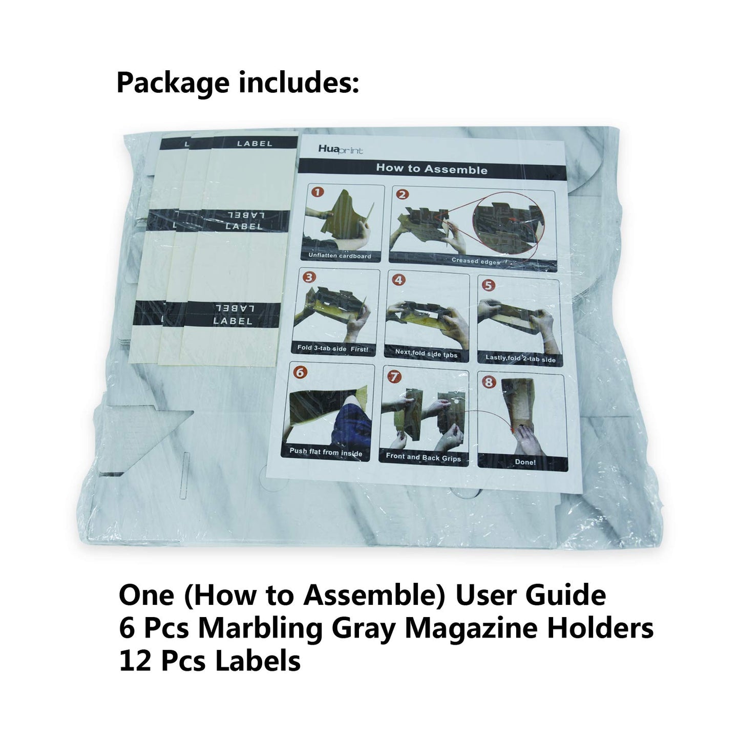 HUAPRINT Magazine Holder( 6 Pack, Marbling Gray) Cardboard Magazine File Holder-Folder Holder,Magazine Organizer,Document Organizer,Magazine Storage Box,With Labels