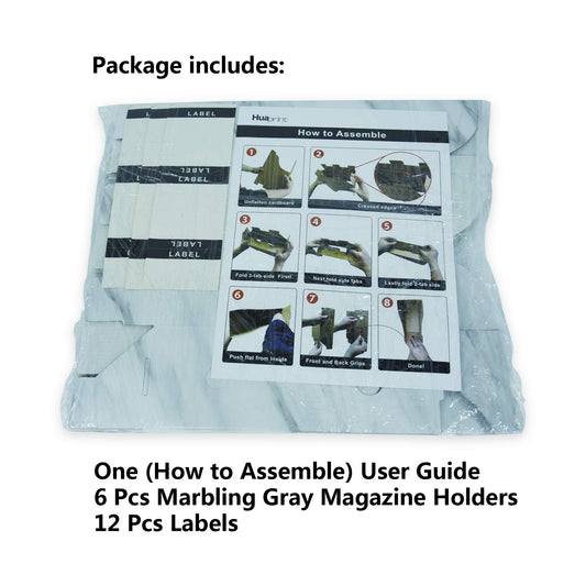 HUAPRINT Magazine Holder( 6 Pack, Marbling Gray) Cardboard Magazine File Holder-Folder Holder,Magazine Organizer,Document Organizer,Magazine Storage Box,With Labels