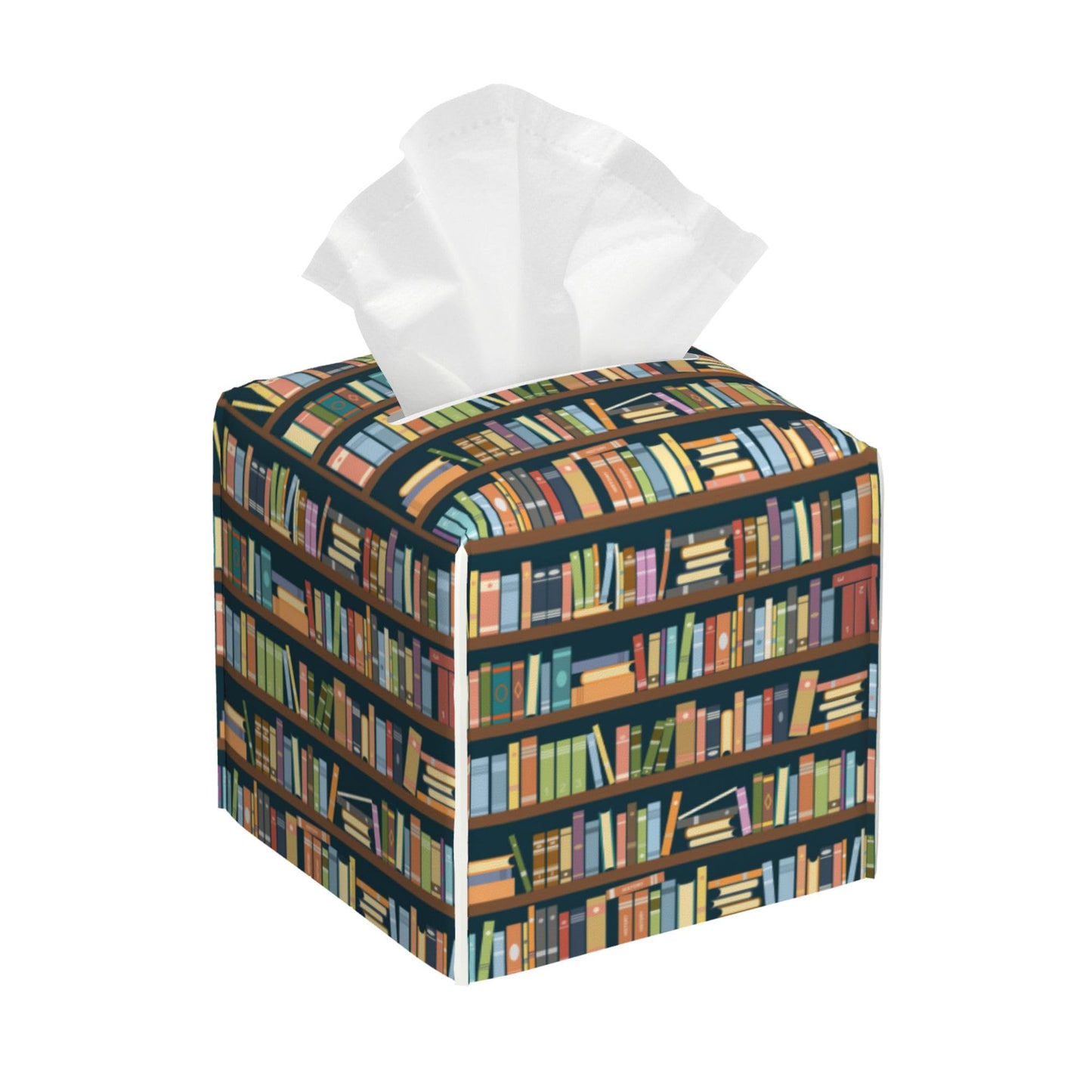 POIUBLE Tissue Box Holder Bookshelves Full of Books Tissue Box Cover Square Leather Tissue Holder Organizer Portable Decorative Facial Paper Case for Home Office Bathroom Vanity Countertop
