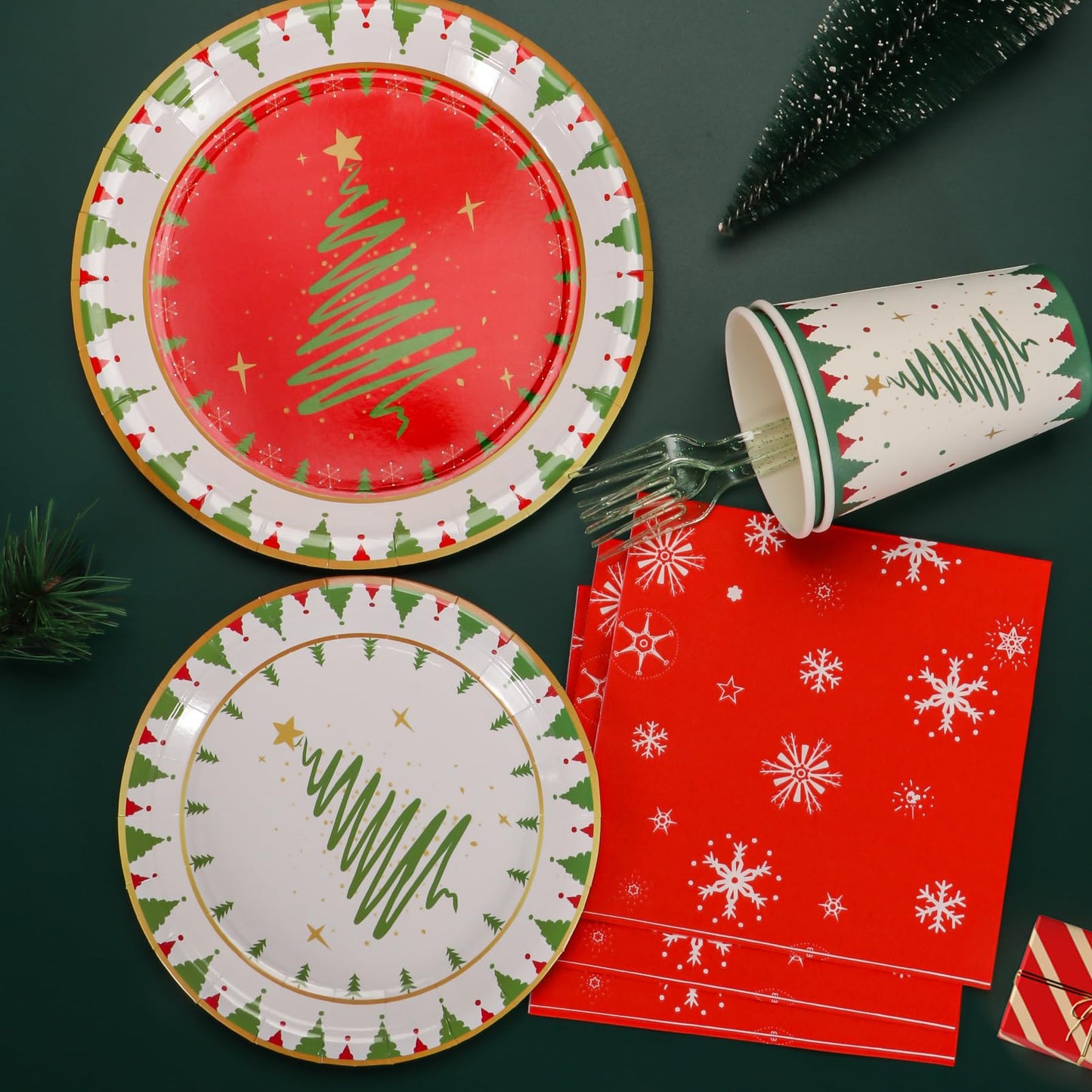 Atonofun Christmas Party Supplies, Merry Christmas Paper Plates and Napkins, Disposable Party Plates, 12oz Cups, Napkins and Forks for Xmas, Holiday Party Decorations Serves 24
