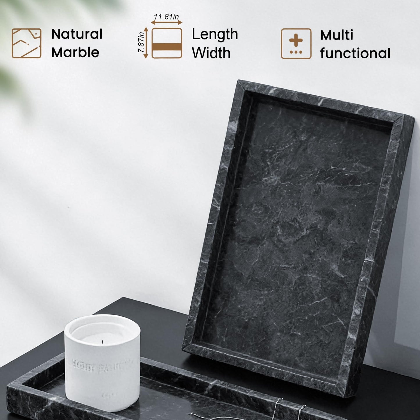Natural Marble Tray, Stone Tray for Bedroom/Bathroom/Kitchen/Vanity Countertop, Jewelry Tray for Rings Earrings Necklace Bracelet Watch, Room Decor Aesthetic