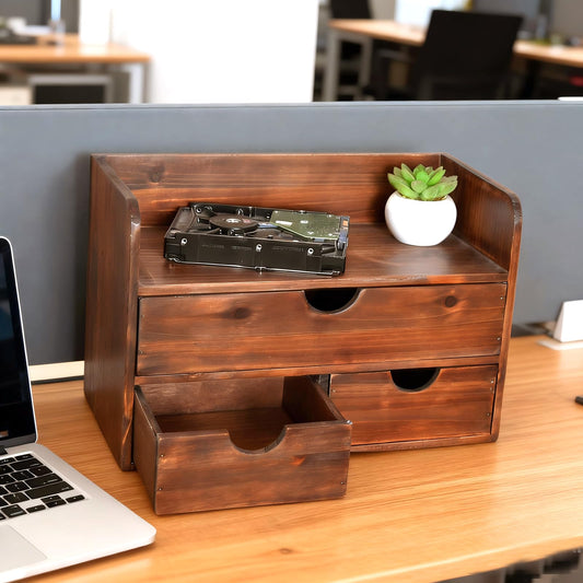 Juleduo Vintage Rustic Brown Wooden 3 Drawer with Shelf Office Desk Organizer & Mail Rack For Desktop,Box for Office Home makeup holder Toiletries Supplies Vanity, No Assembly Required (Brown)