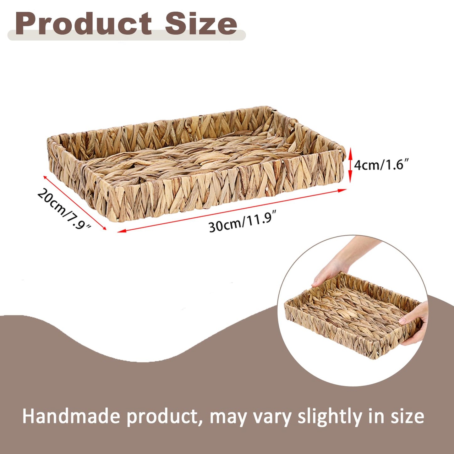 GUSHBIN Decorative Key Holder for Entryway Table Handwoven Natural Water Hyacinth Basket Tray Rectangular Serving Tray, 11.9" x 7.9" x 1.6"