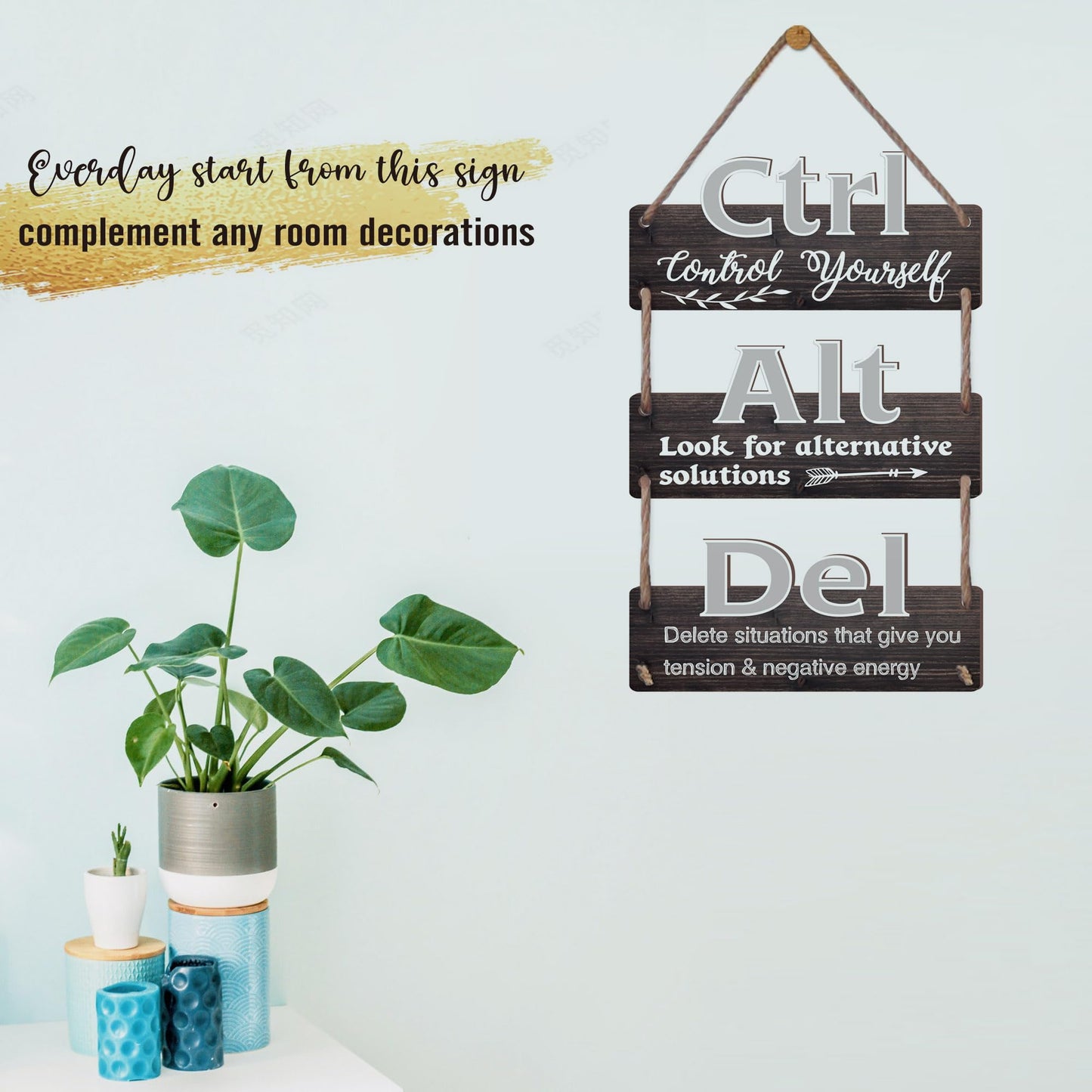 EXQUIDECA Ctrl Alt Del Motivational Wall Hanging Sign 3pcs - Affirmation Inspirational Wall Art For Home Office Living Room Bedroom Plaques Control Yourself