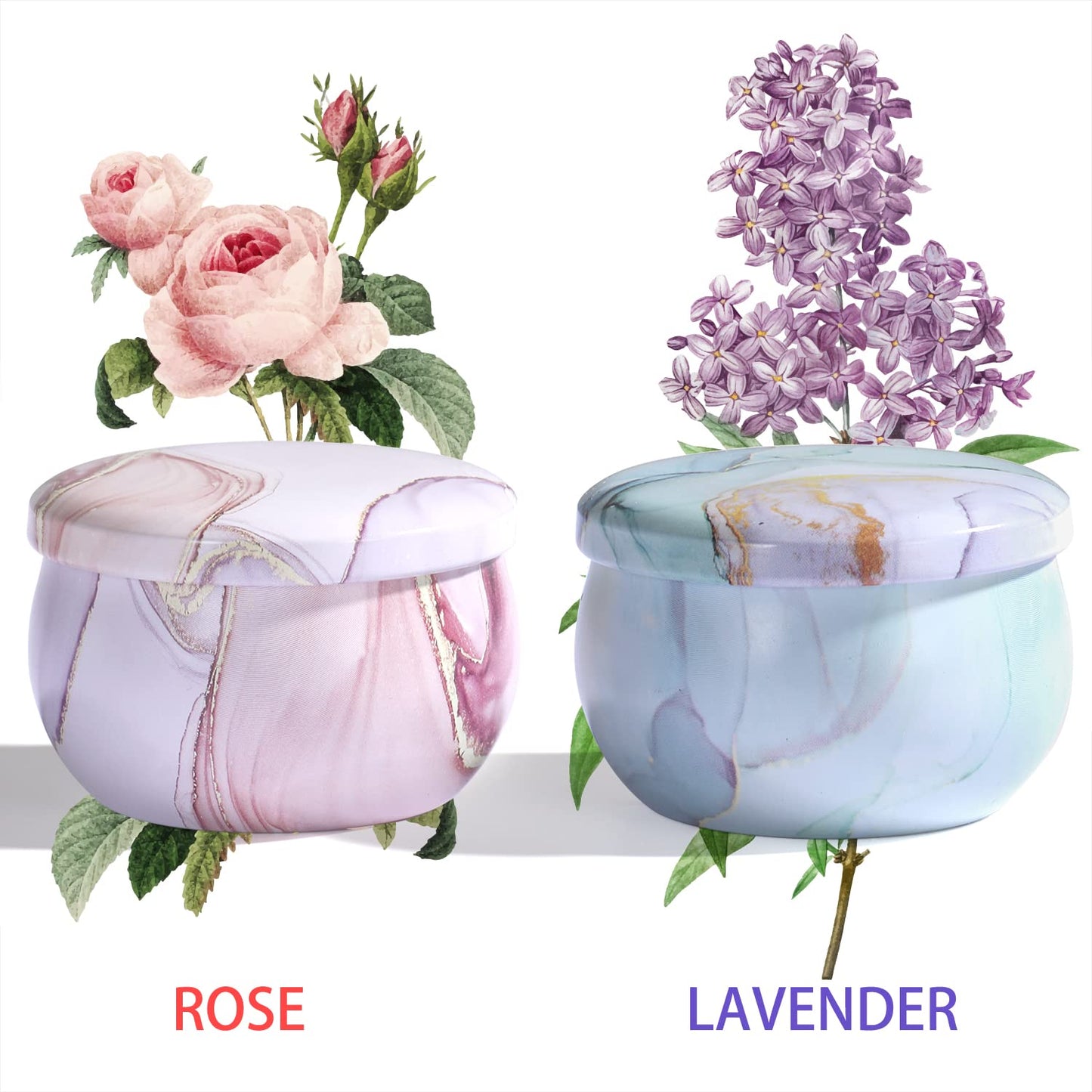 2-Pack Soy Candles Gift Set - Lavender, Vanilla, Rose Scents in Portable Tin Jars - for Home, Travel, Spa
