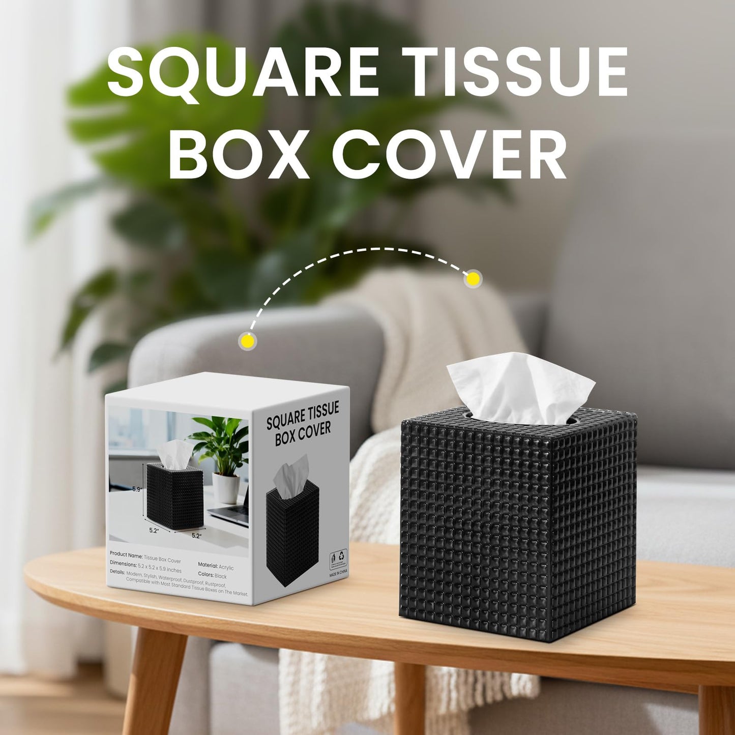Tissue Box Cover, Black Square Acrylic Tissue Holder, Modern Decorative Facial Tissue Box Vessel Cube Paper Organizer Dispenser for Bathroom, Night Stand, Office, Vanity Countertops