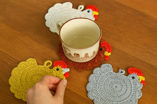 Handmade Crochet Chicken Coasters Set of 4, Mom, Stuffed Animal-Themed Drink Coasters, Cute Desk Accessories, Home Decor, Tabletop Protection, Crazy Chicken Lady Must Have
