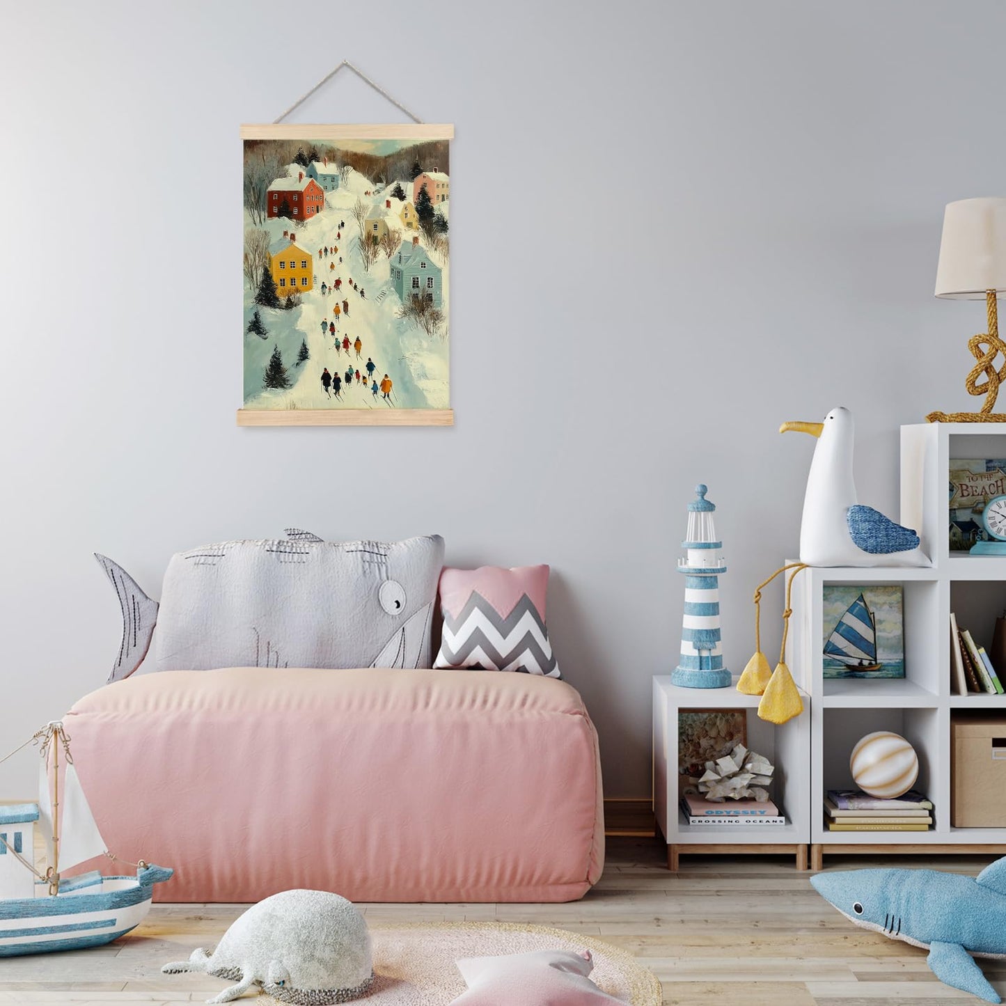 FOPENEM 16x12 Inch Winter Village Scene Wall Art – Snowy Town Canvas Hanging Print with Skating People for Holiday Decor