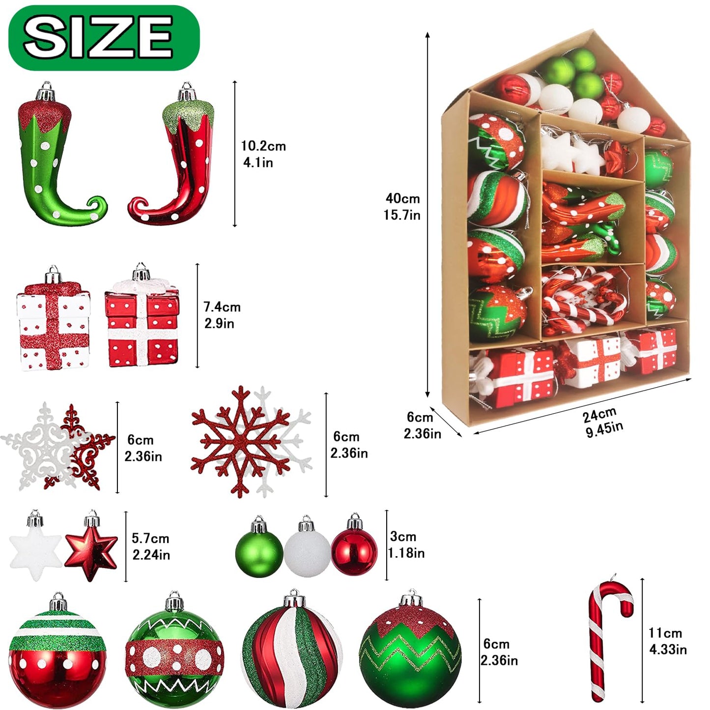 SVNVIOZ Christmas Ball Ornaments Set, Elf Boots Theme 70ct Classic Collection Splendor Red Green White Christmas Ball Ornaments, Shatterproof Xmas Balls for Christmas Tree Decoration