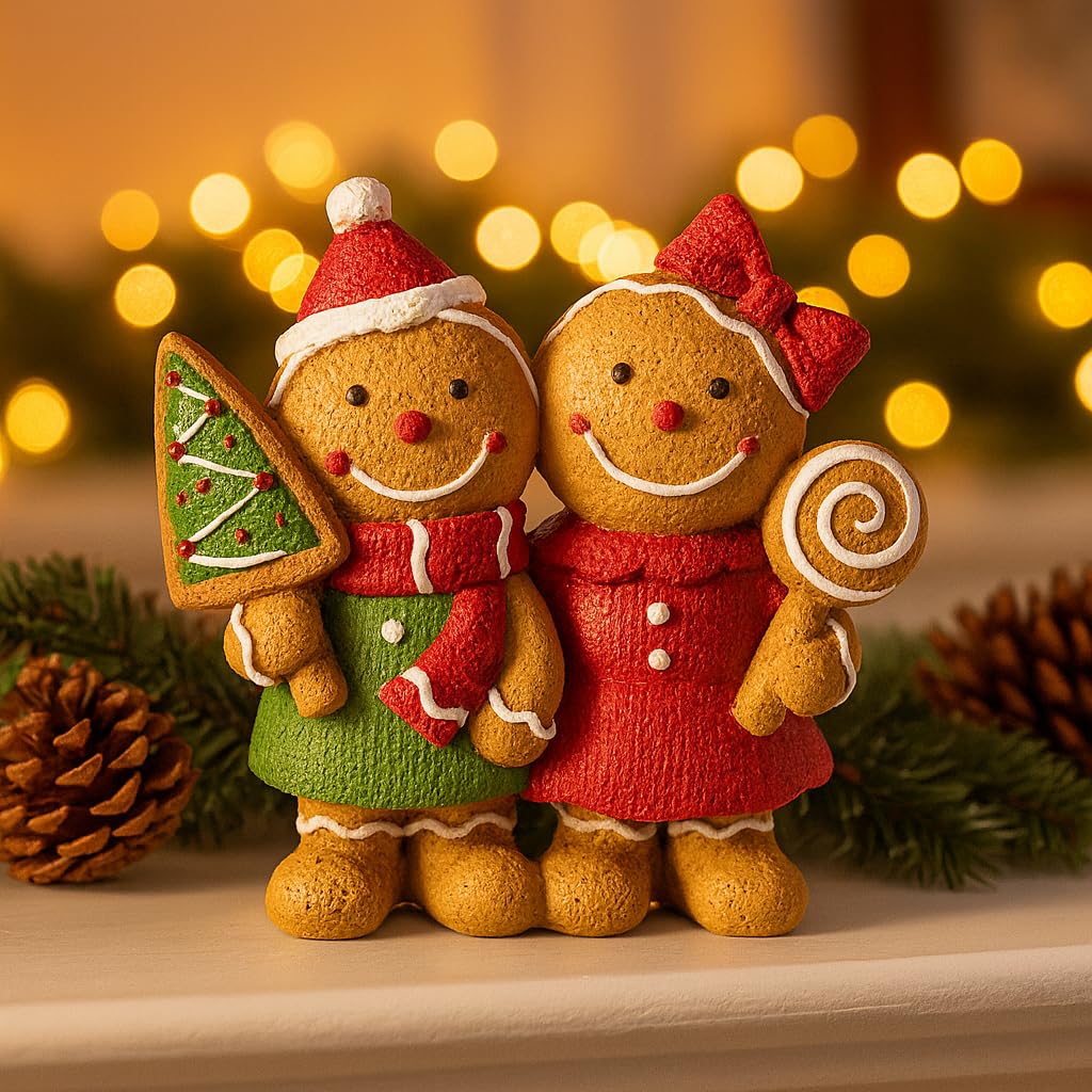 iStatue Christmas Gingerbread Couple Resin Figurine – Hand-Painted Holiday Décor, Boy with Tree Cookie & Girl with Bow and Swirl Lollipop, Tabletop/Mantel Accent (Brown Gingerbread)