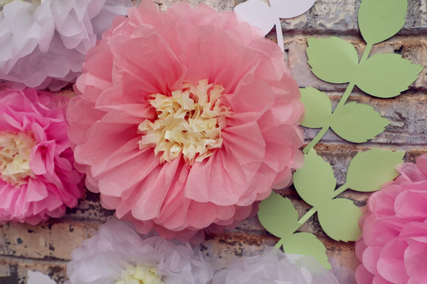Fonder Mols Tissue Paper Chrysanth Flowers with Butterfly and Olive Leaves for Wedding Baby Shower Nursery Room Parties & Events Decorations Pom Poms (White Light Pink Pink)