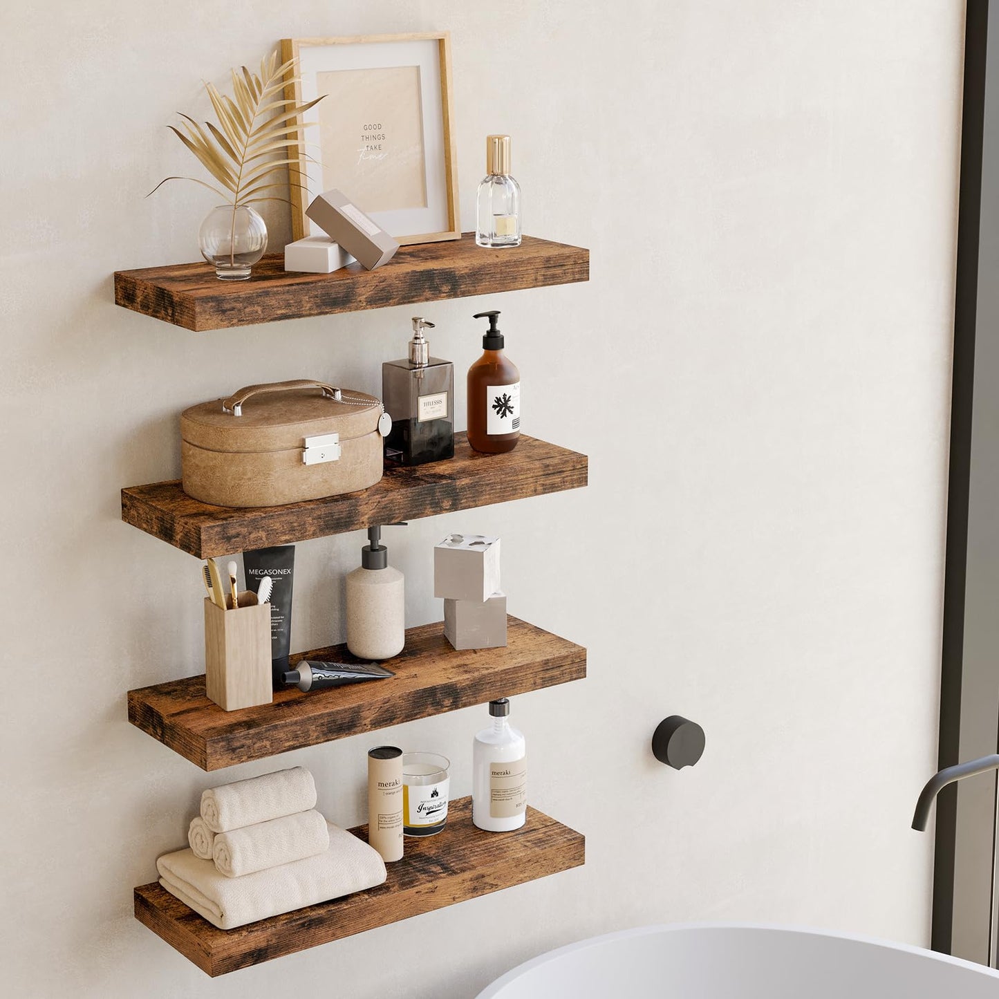 Fixwal Wood Floating Shelves, Wall Shelves Set of 4, Shelves for Wall Decor, with Invisible Brackets for Bathroom, Living Room,Bedroom and Kitchen(Rustic Brown)