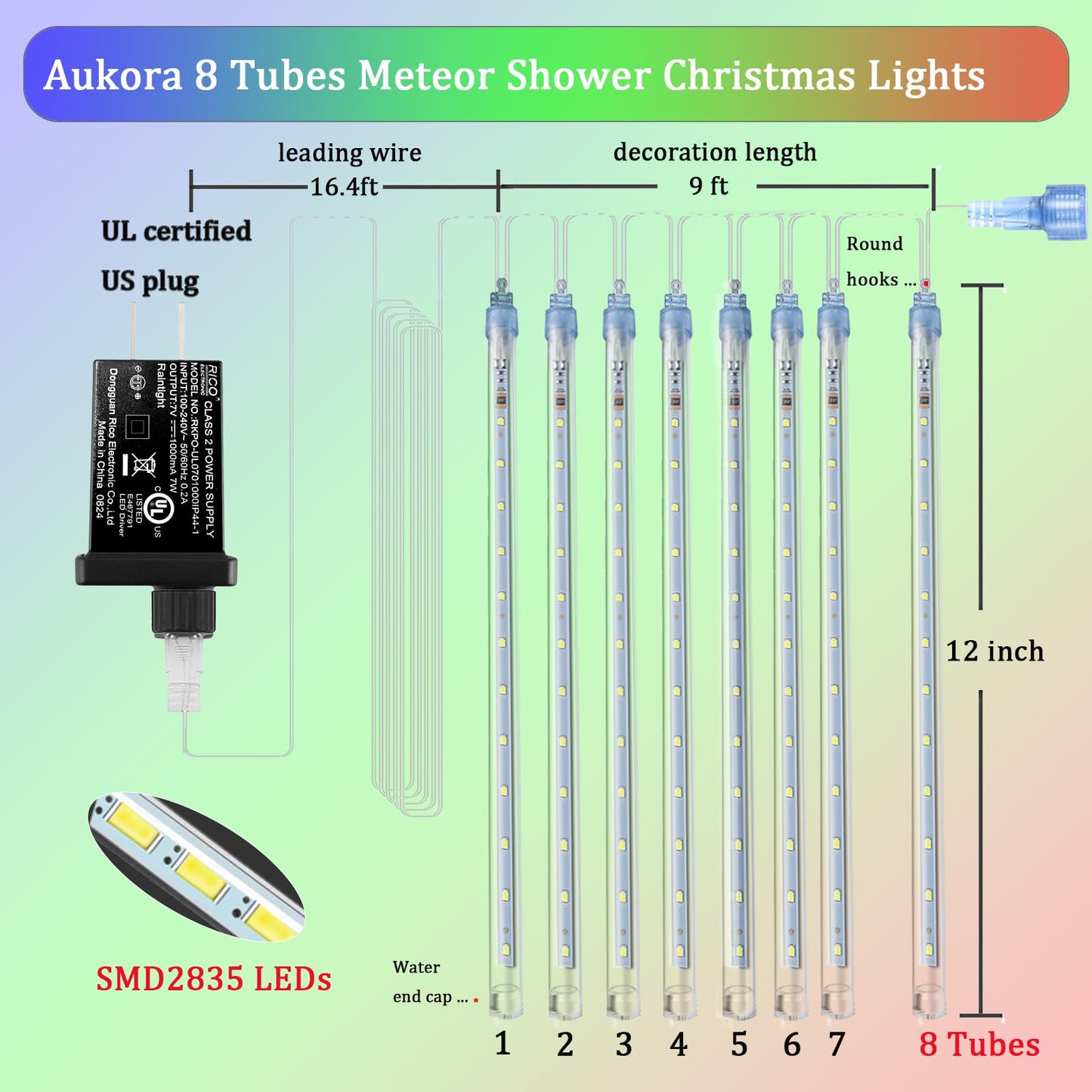 Aukora Christmas Lights Outdoor Meteor Shower Lights 12 inch 8Tubes 192LED UL Certified Falling Rain Drop Snow Icicle String Light for Xmas Tree Christmas Decorations Party Wedding Holiday Yard Blue