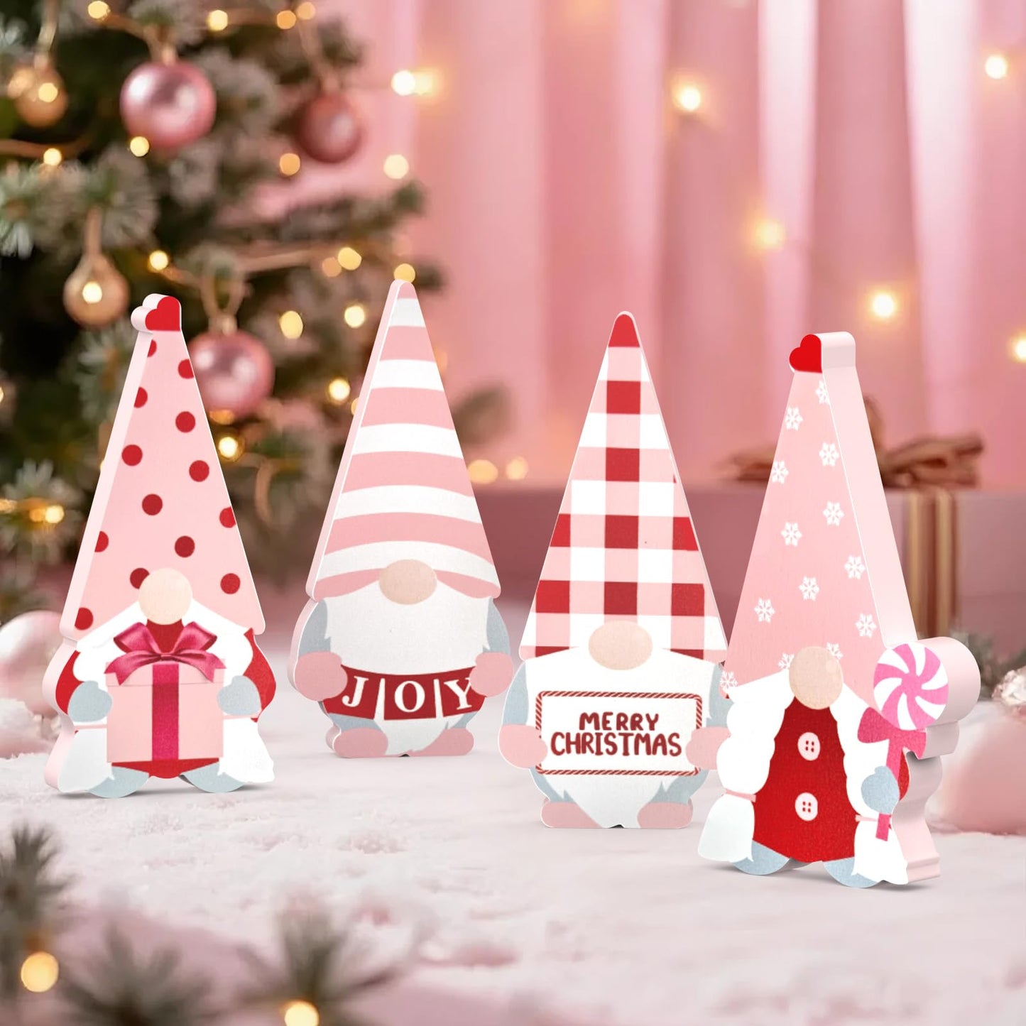 LXDNBGO Christmas Gnomes Decorations - Set of 4 Cute Pink Wooden Gnomes Decor, Christmas Table Decor Indoor for Home Office Bedroom Shelf Tiered Tray Desk Mantel