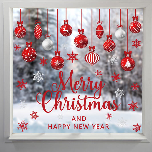 Red Merry Christmas Window Clings 6 Sheets, Happy Holiday Winter Snowflake Window Decals Stickers for Home Xmas Party Decorations Supplies, Reusable Happy New Year Cling for Windows (Xmas)