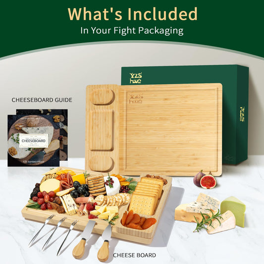 Premium Bamboo Cheese and Charcuterie Board Set - Large Wooden Serving Tray with Hidden Knife Storage, Cheese Knives & Forks - Perfect for Cheese, Meats, Fruits - Ideal Gift for Parties & Holidays