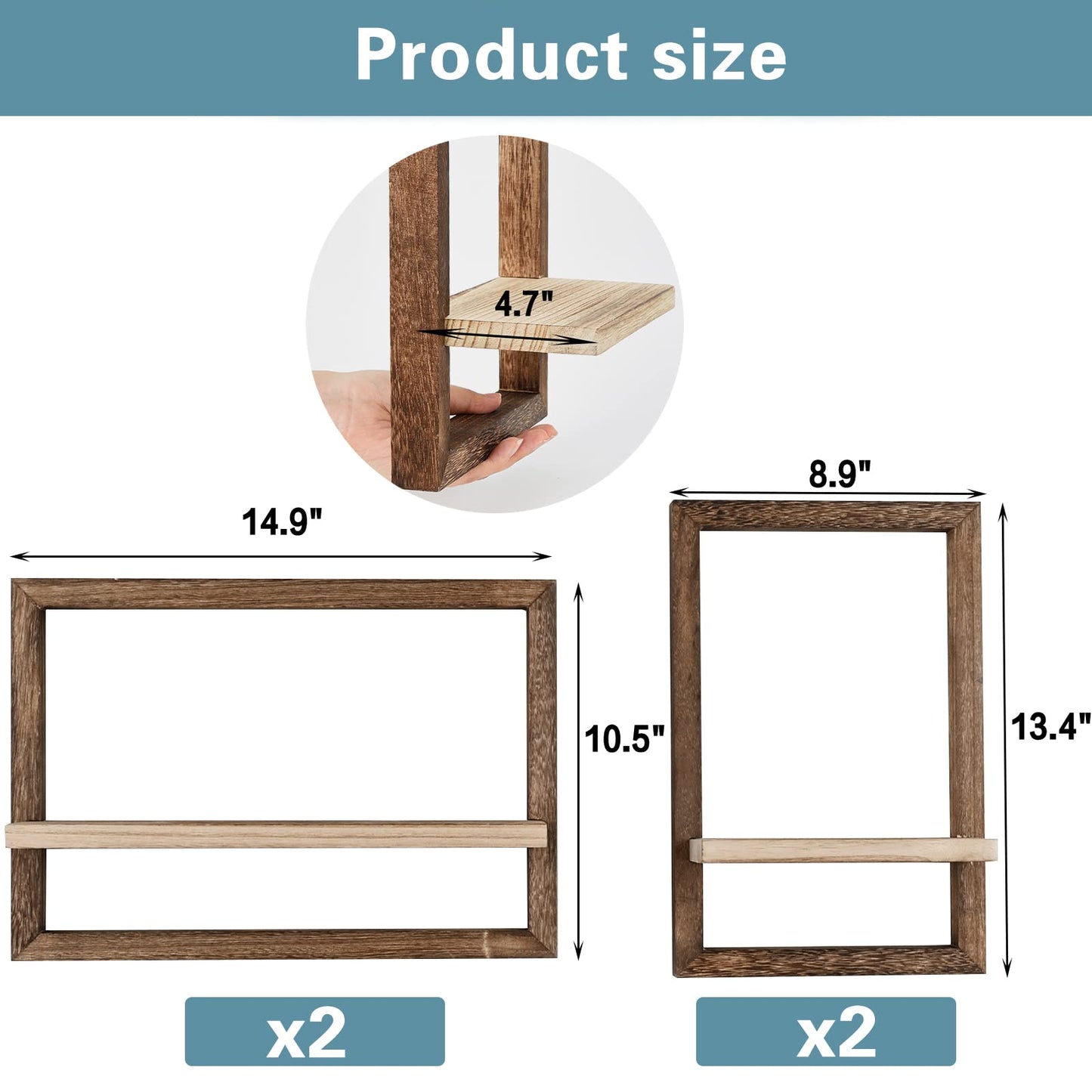 idee-home Floating Shelves for Wall, Rustic Square Hanging Floating Shelves Set of 4 Wood, Wall Decor Mounted Bathroom, Living Room, Kitchen Storage