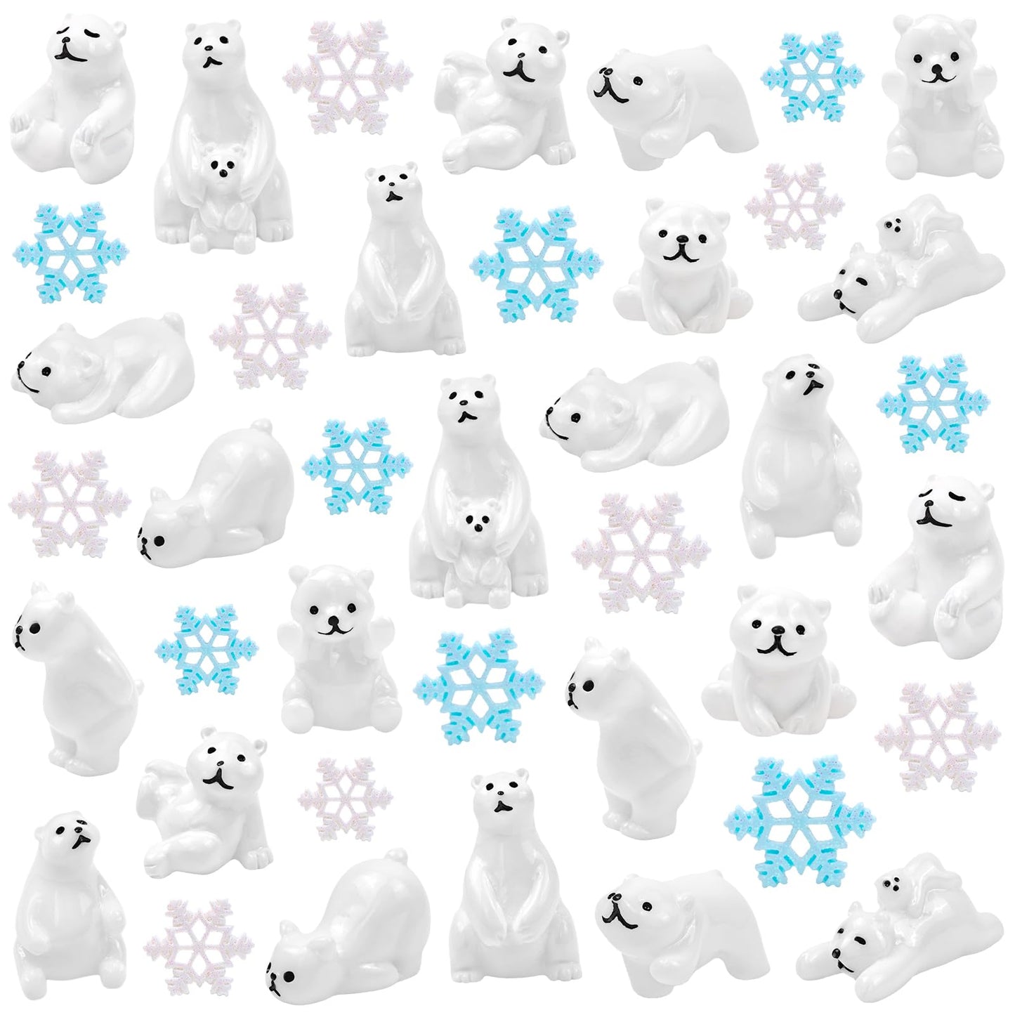 Feivando 40 Pcs Mini Resin Polar Bear Figurines with Snowflakes Tiny Little Winter Resin Animal Miniature Figures for Holiday Crafts Garden Micro Landscape Home Table Decor