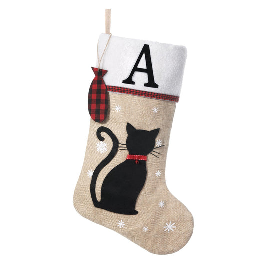 Shgngle 20 Inches Pets Initial Christmas Stocking,Cat Christmas Stocking Personalized with Wood Fish Tags Hanging Ornament,Xmas Gifts for Pets(Letter A)