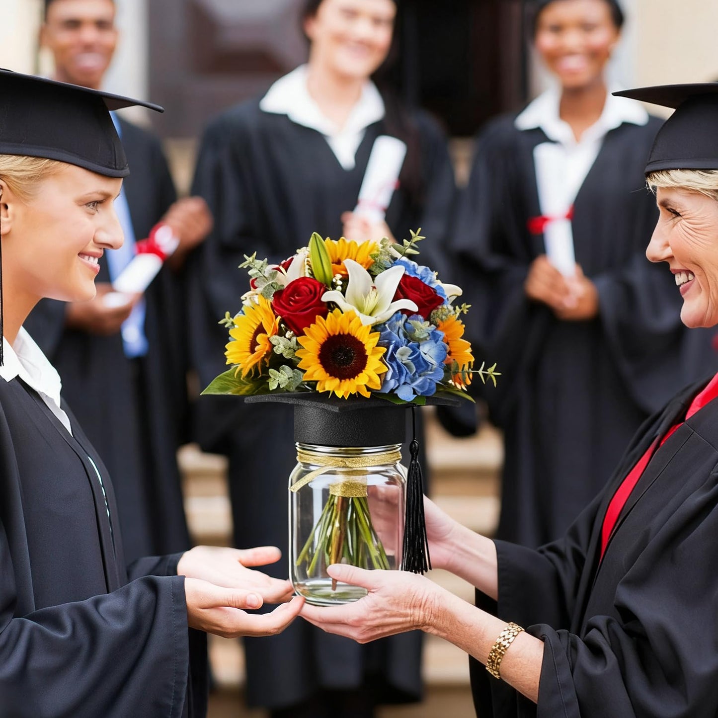 Qinyoung 6 Pcs 2026 Graduation Table Decoration Centerpiece Class of 2026 Graduation Decoration for Table Mason Jar with Grad Cap for Centerpiece Flower College High School Congrat Grad Party (Black)