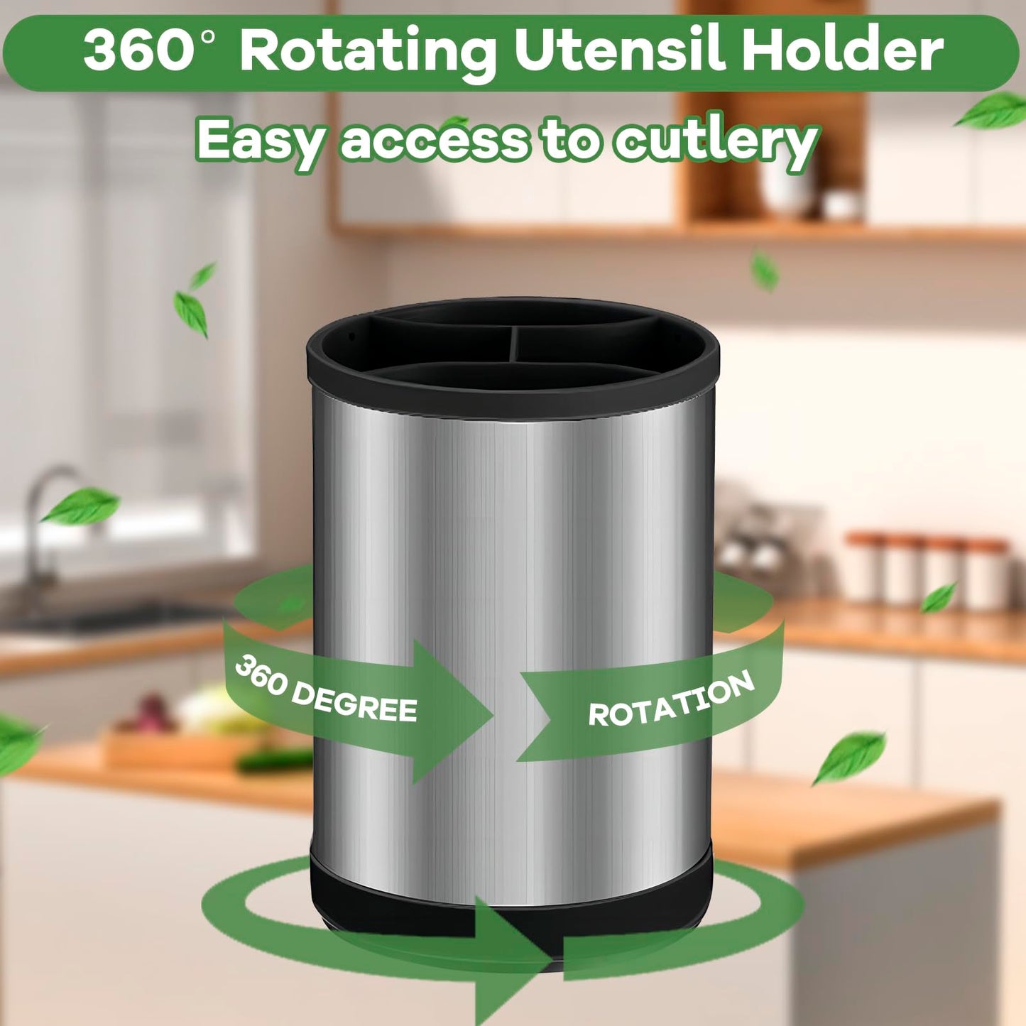 TIMENIL Kitchen Utensil Holder for Countertop, 360°Rotating Cooking Utensil Crocks，4 Compartment Stainless Steel Utensil Holder,6.7”Large Utensil Crock Spoon Fork Knife Holder For Kitchen Counter