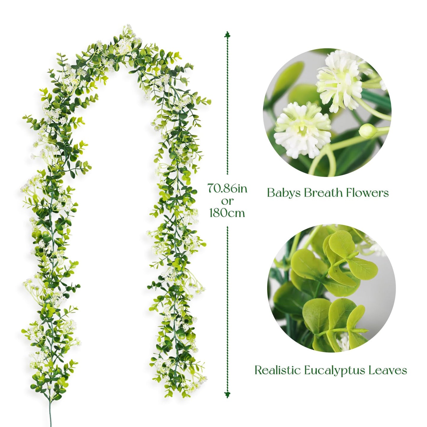HIAGROW 6FT Eucalyptus Garland with Flowers, 2 Pack Artificial Greenery Garland Hanging Spring Eucalyptus Garland Suitable for Table Wedding Backdrop Arch Wall Party UV Protected Indoor Outdoor Decor