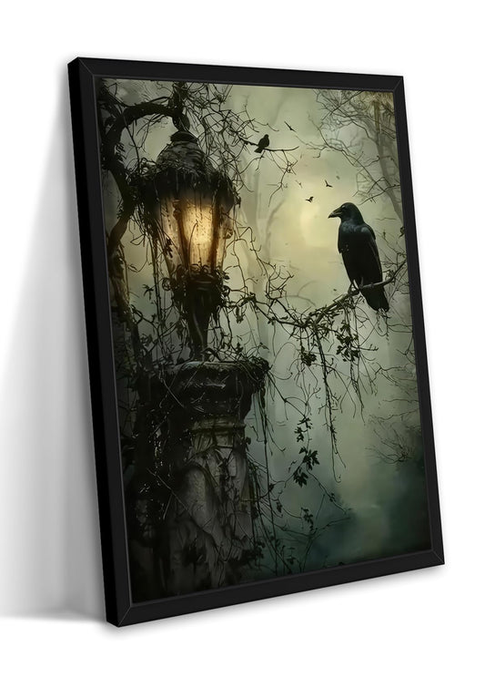 Gothic Decor Framed Wall Art, Vintage Dark Academia Canvas Prints, Horror Forest Crow Wall Decor for Living Room Bedroom Home Decor – Black Wooden Frame 12x16in