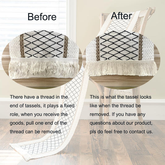 Table Runner, Boho Table Runner Cotton Linen Table Decorations, Farmhouse Table Runners with Tassels for Bohemian Wedding Bridal Shower Rustic Home Dining Table (Black/Grid/12x72)