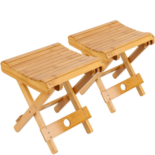 HOZEON 2 Pack 11 x 11 x 12.6 Inches Natural Bamboo Folding Stool for Shaving, Shower, Foot Rest, Picnic, Fishing