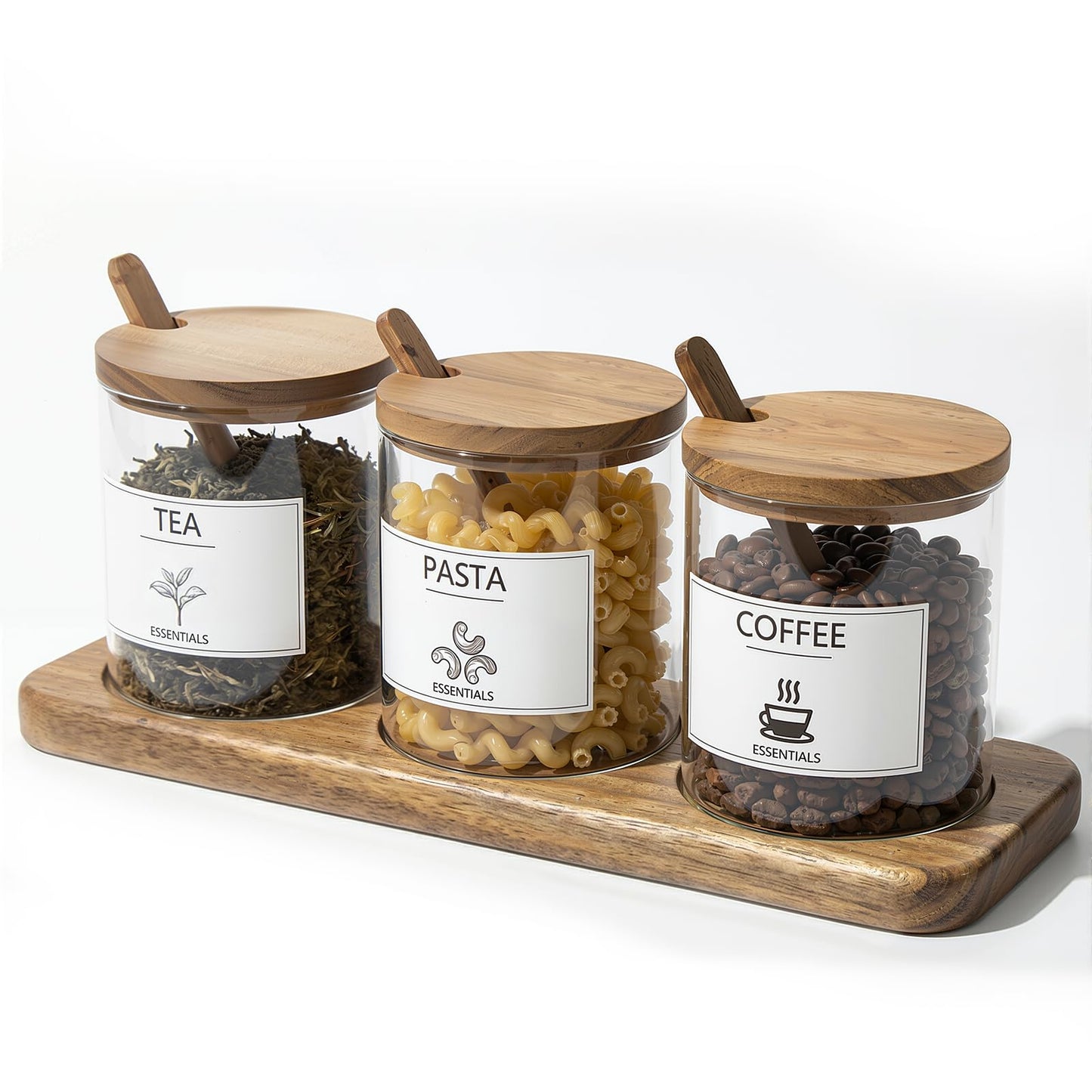 JEORGU 3 Pcs Glass Spice Jars with Acacia Wood Lids & Spoons, 350ml Seasoning Containers with Tray, Clear Sugar Salt Pepper Jars with 9 Labels, Classic Kitchen Countertop Storage Set (Acacia Wood)