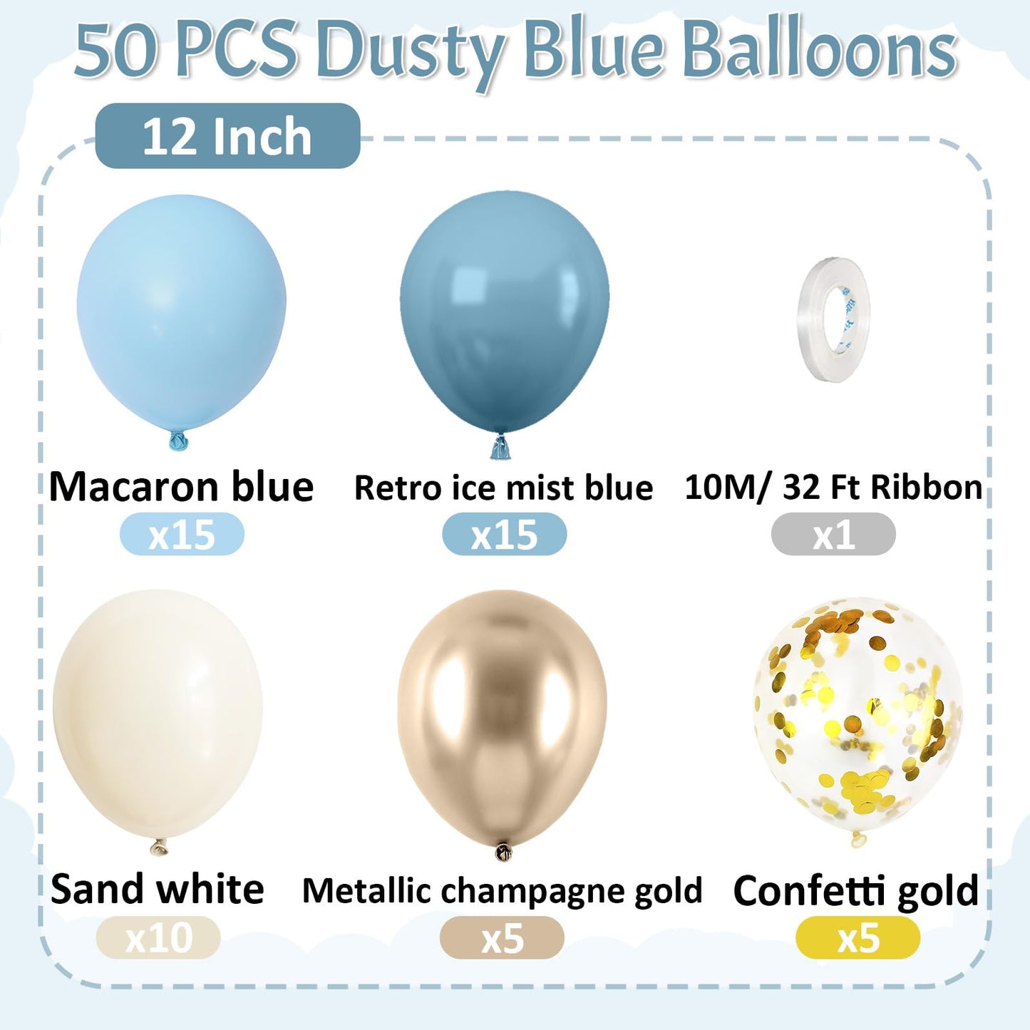 Paready Dusty Blue Balloons, 50 Pcs Light Blue Champagne Gold Balloons, Baby Shower Balloon, 12 Inch Sand White Retro Ice Mist Macaron Balloon for Birthday Bridal Shower Engagement Party Decorations
