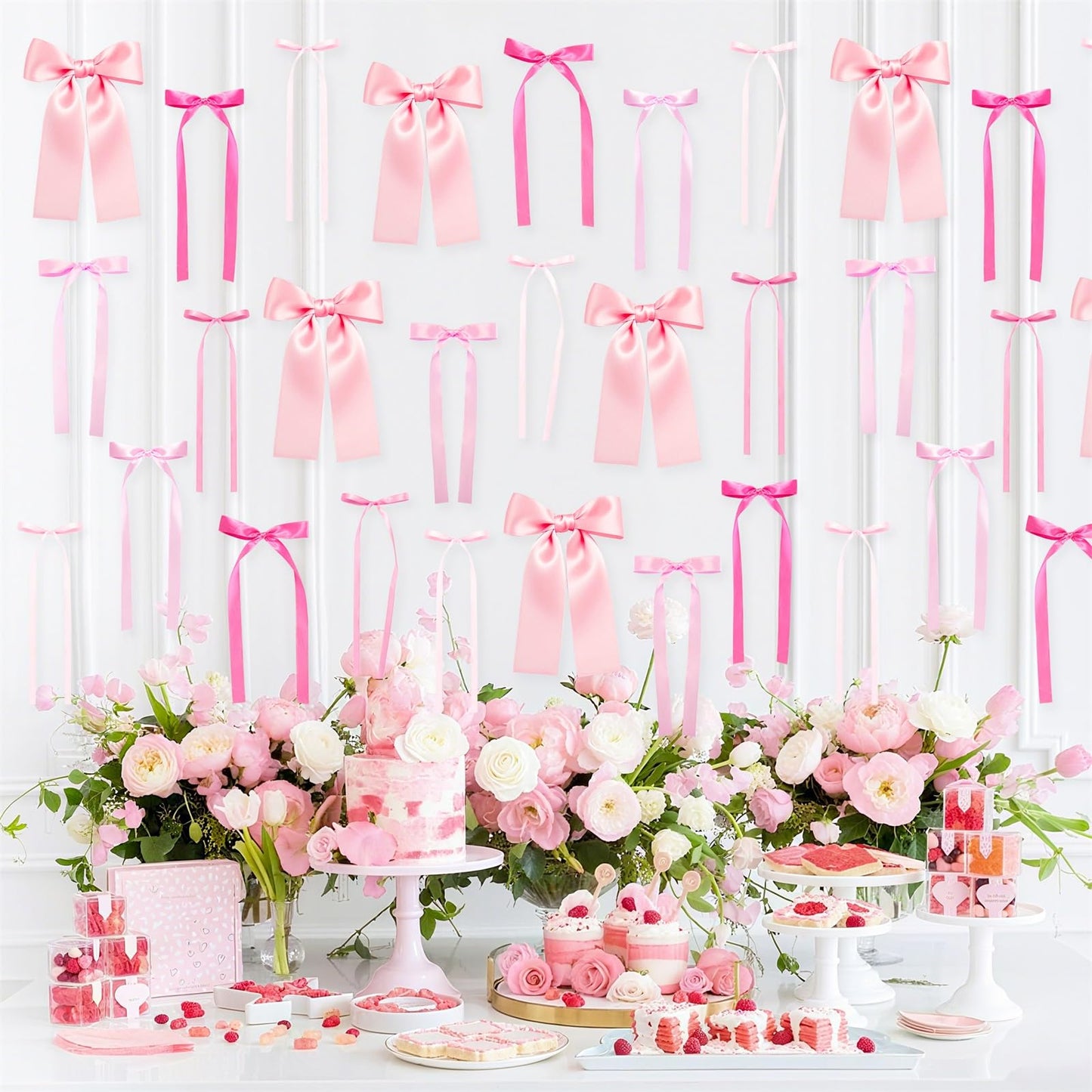 Pink Bow Wall Décor Backdrop Ribbon Bow Garland DIY Pink Bows Party Decorations for Baby Shower Women Girls Coquette Birthday Christmas Room Bedroom Decoration 50Pcs