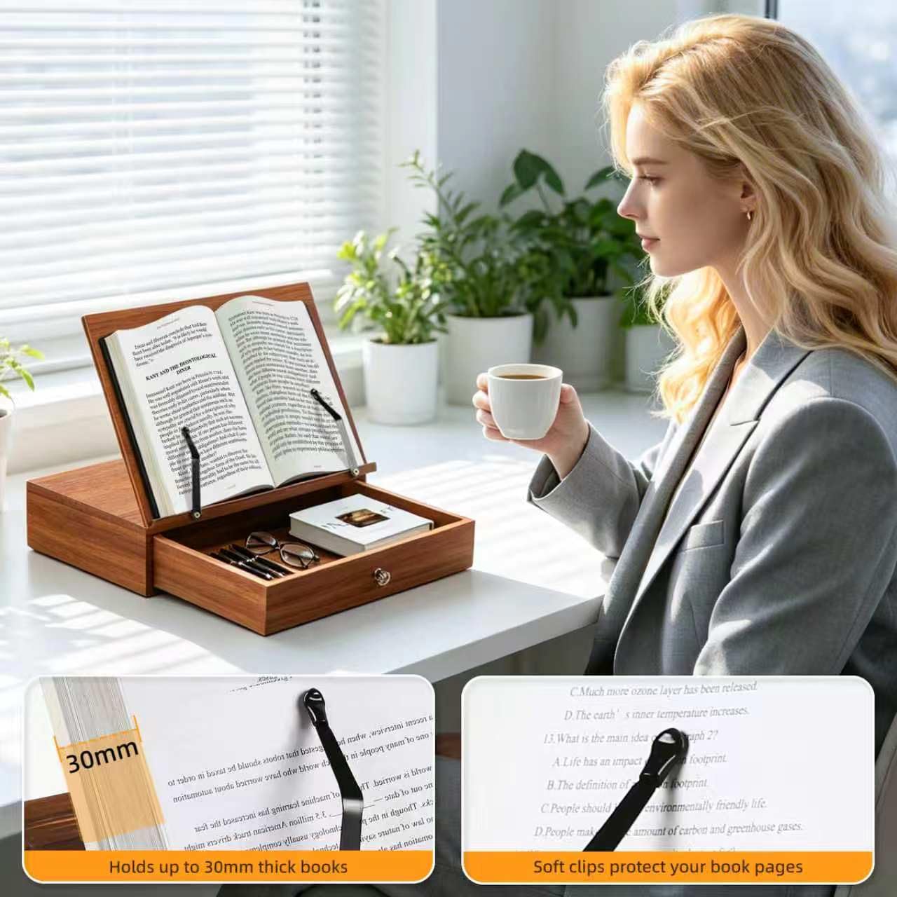 Book Stand with Storage, Book Holders for Reading Hands Free, Wooden Cookbook Stand with 4 Adjustable Height for Recipe,Magazine,Laptop,Tablet, Bible