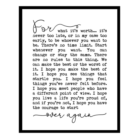 ZEARPT Inspirational Quote Wall Art 8x10 Inch – “For What It’s Worth” Typography Print, Minimalist Black and White Motivational Poster, Aesthetic Bedroom Decor, Encouragement Gift for Women, Unframed