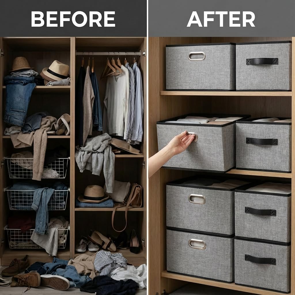 PRANDOM Large Foldable Storage Bins for Shelves [3-pack] Decorative Linen Fabric Storage Baskets Cubes with Leather/Metal Handles for Closet Nursery Office Grey and Black Trim (14.9x9.8x8.3 Inch)