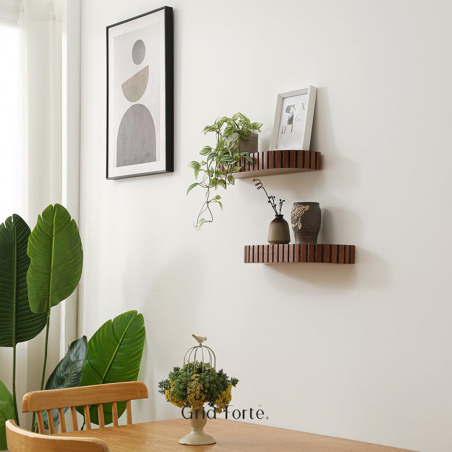 GRID FORTE Wood Rounded Fluted Floating Shelf Set of 2, 16Wx5.5D Inch– Modern Display Shelf with Decorative Edge, Rustic Hanging Storage for Plants, Books, Photos & Home Décor