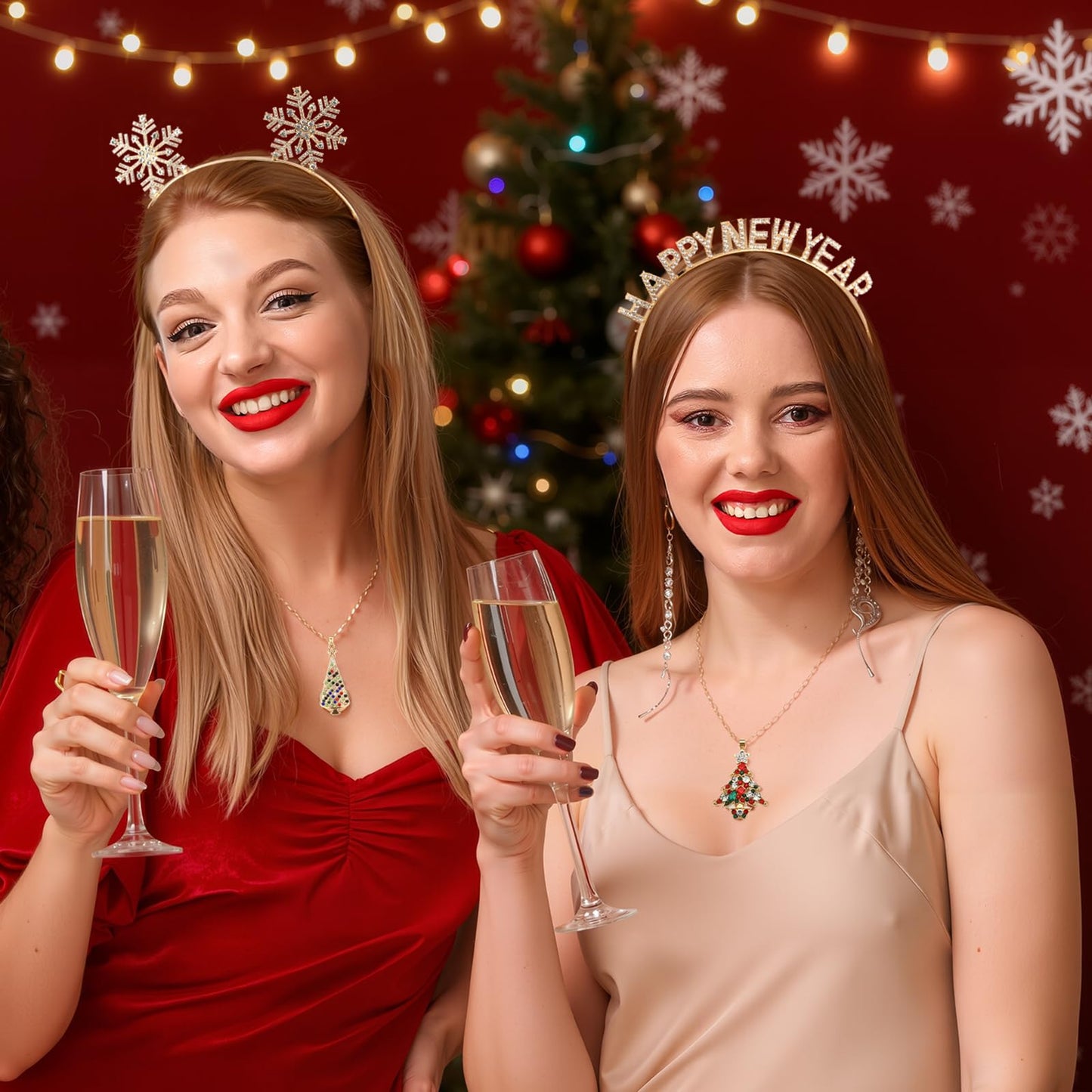 Quelay 16 Pcs Christmas Jewelry Set Include 8 Christmas Headbands 8 Pcs Xmas Necklaces Rhinestone Snowflake Deer Antlers Hairband Wreath Bell Necklace for Women New Year Party Favor Gift Accessory